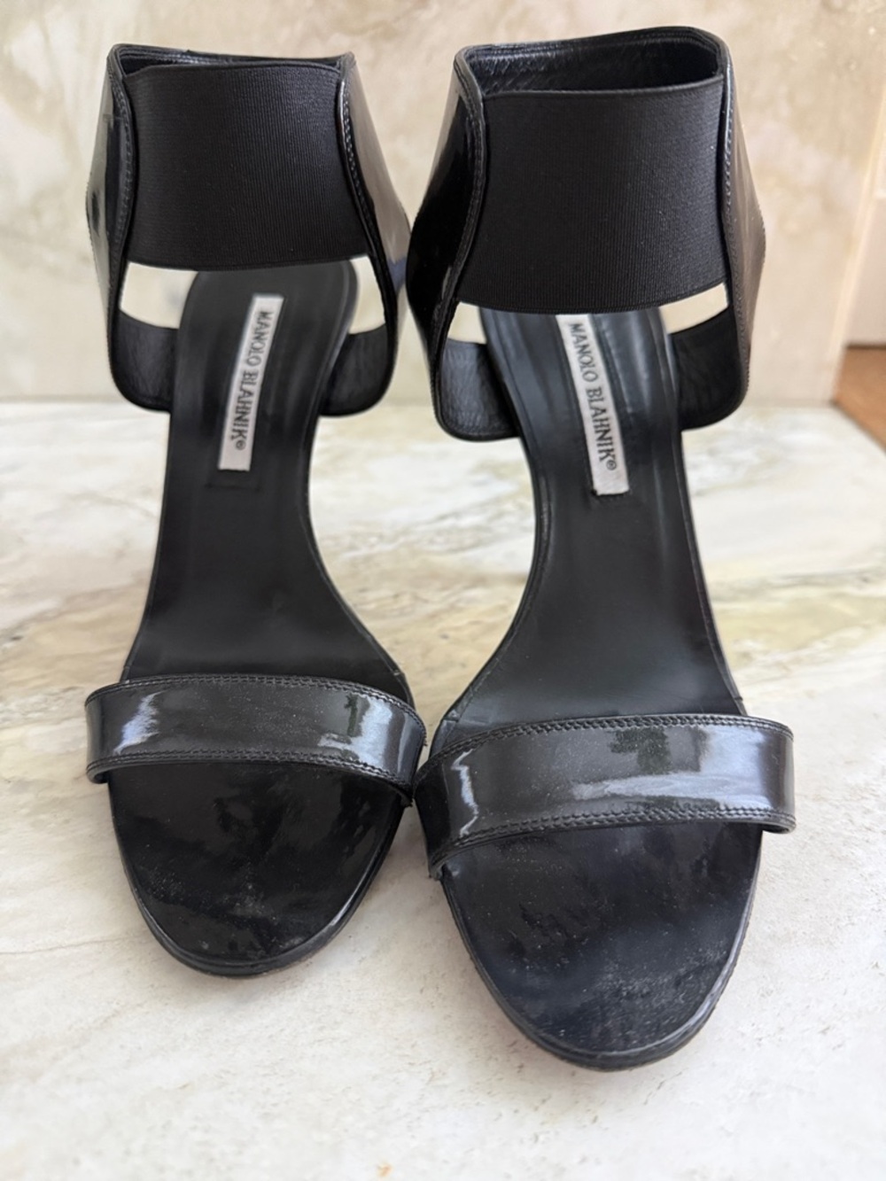 Manolo Blahnik Black Patent Leather Ankle-Strap Heels